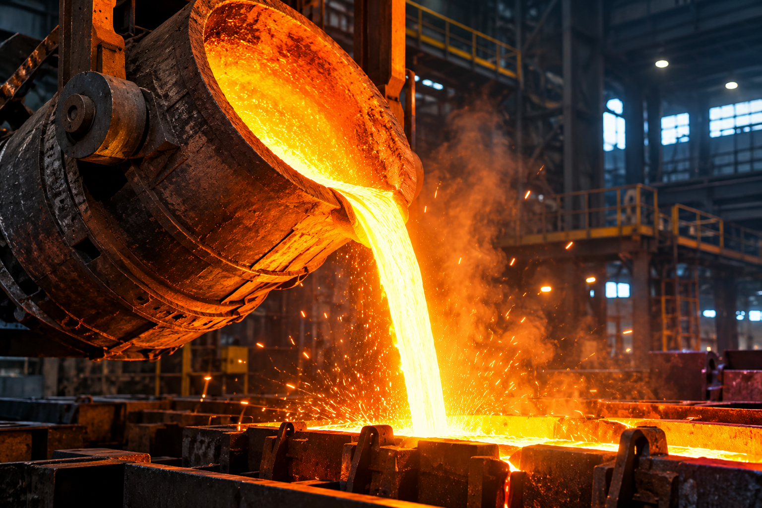 Molten iron being poured in an industrial metal foundry